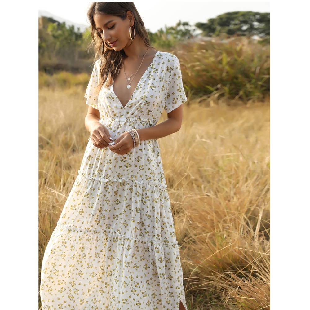 Boho Deep V White Floral Dress